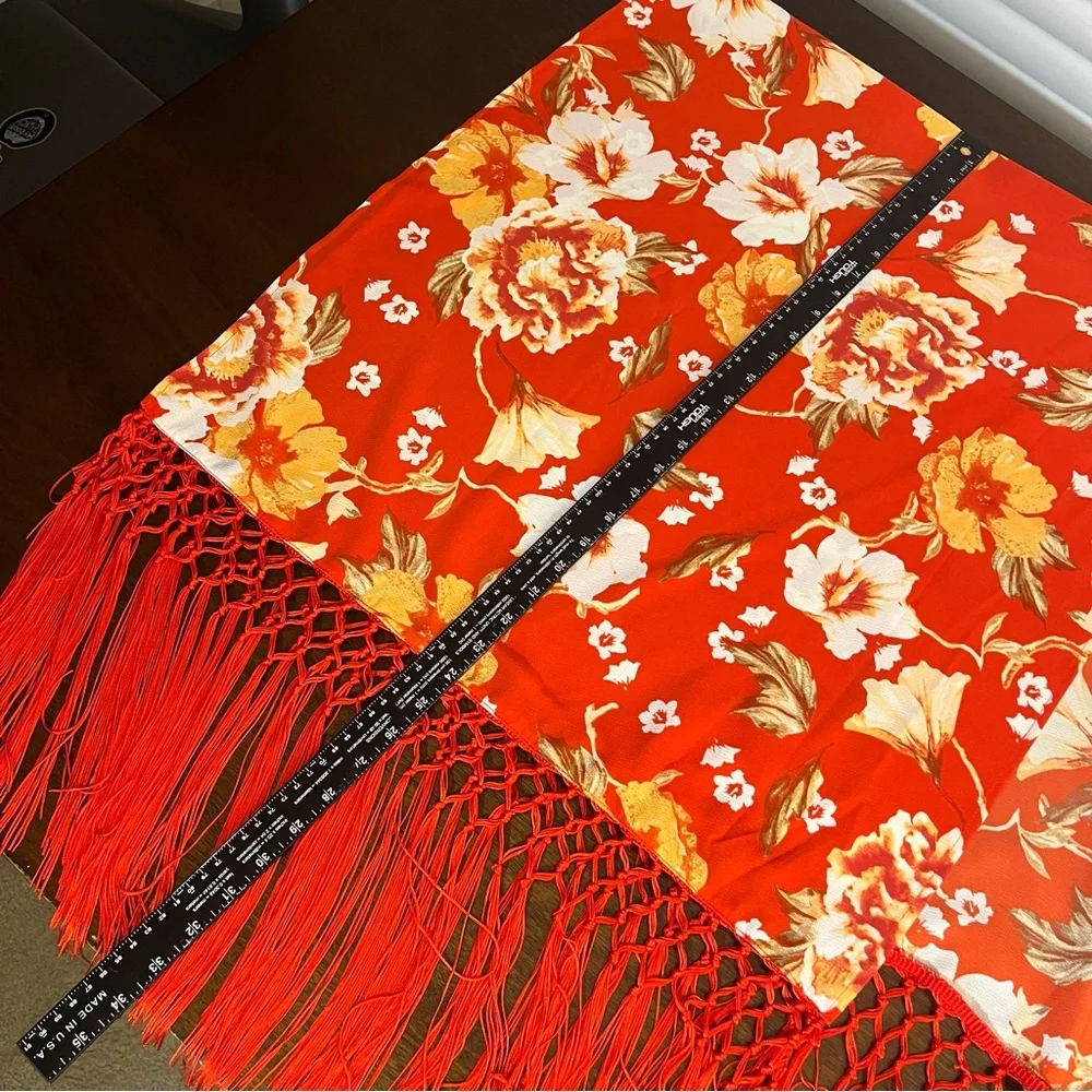 Diane Gilman Red Floral Fringe Kimono Cover-Up Red XS/S NWT